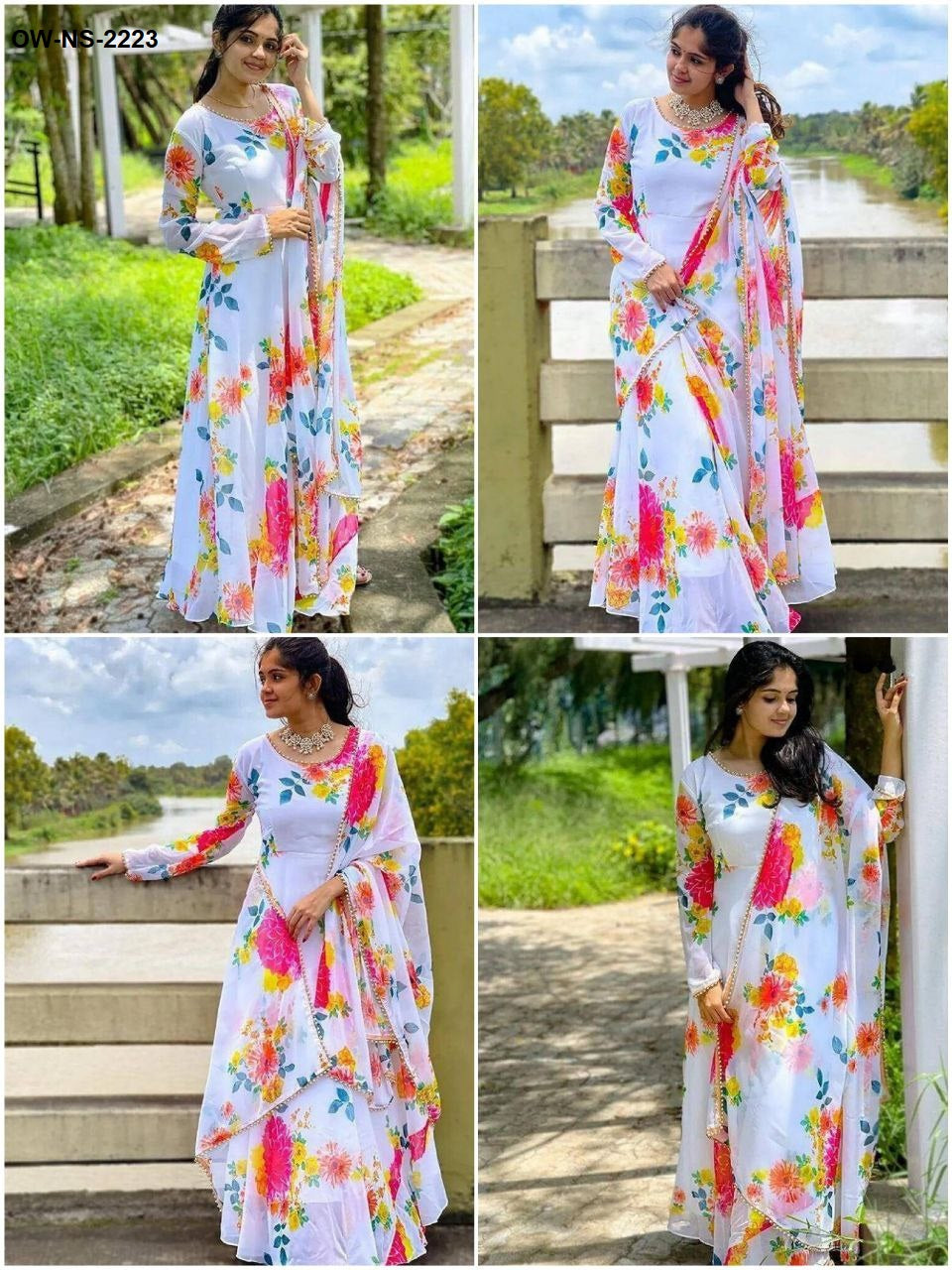 Stylish Trendy Printed Georgette Gown Set With Dupatta