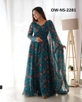 Stylish Trendy Printed Georgette Gown Set With Dupatta