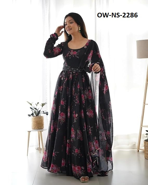 Stylish Trendy Printed Georgette Gown Set With Dupatta