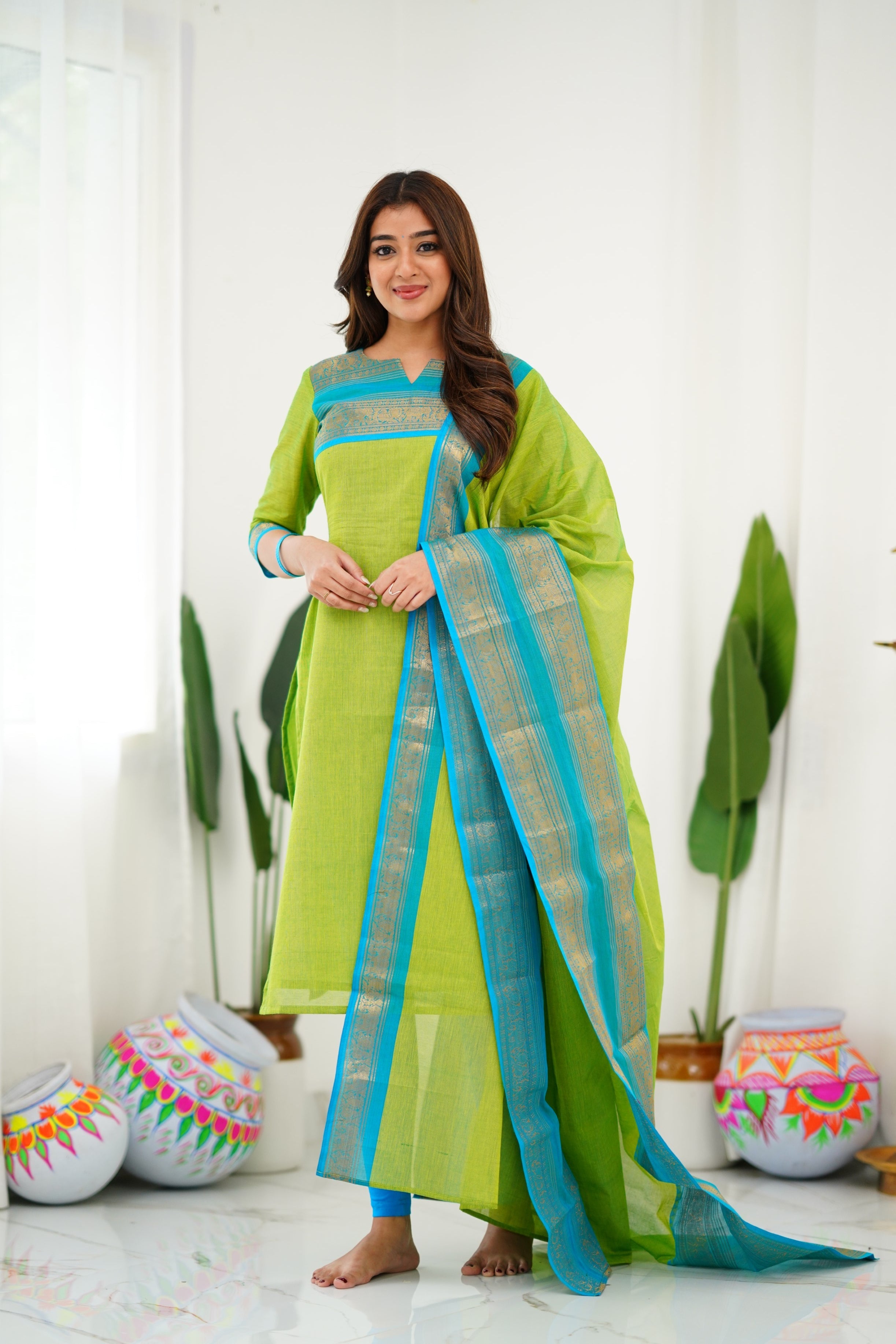 Silk Cotton Kurti and Dupatta Set with Intricate Weaving Work