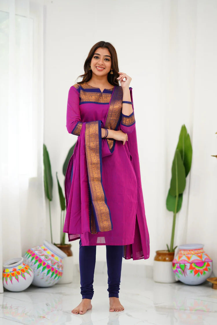 Silk South Cotton Kurti and Dupatta Set with Intricate Weaving Work