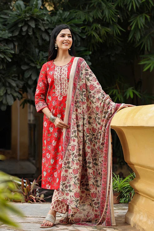 Elegant Red Cotton Blend Floral Printed Suit Set for Women