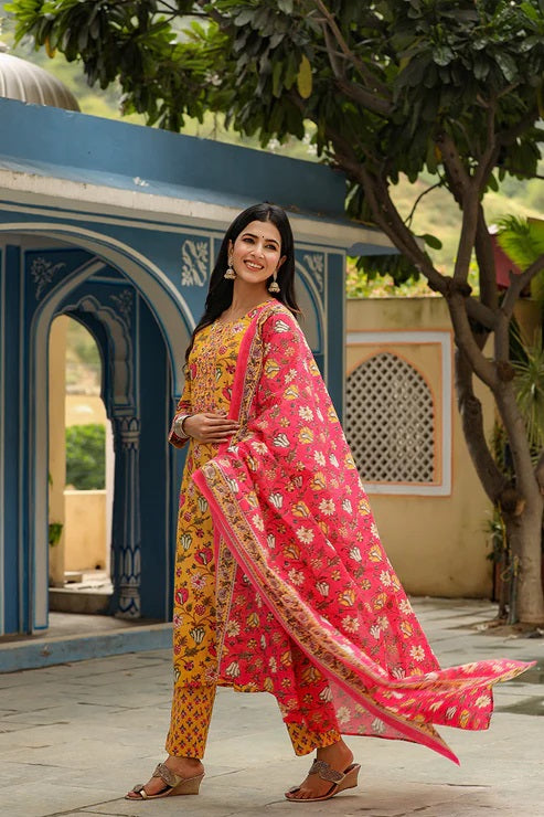 Presenting Mustard Cotton Blend Floral Print Suit Set