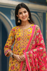 Presenting Mustard Cotton Blend Floral Print Suit Set