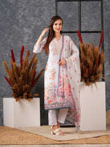 Graceful Flower Printed Rayon Kurti with Pant & Dupatta Set, Featuring Beautiful Embroidered Neckline