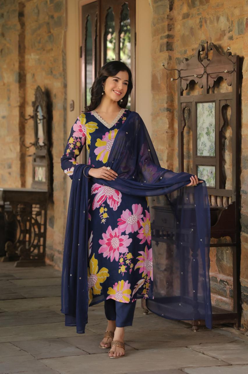 Slub Rayon Printed Kurti Pant & Dupatta Set with Lace Neckline