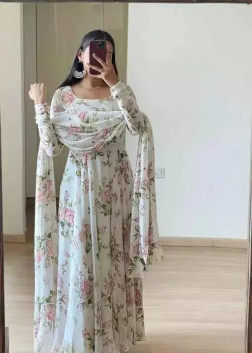 Set Gaun Georgette Bercetak Bergaya Bergaya Dengan Dupatta