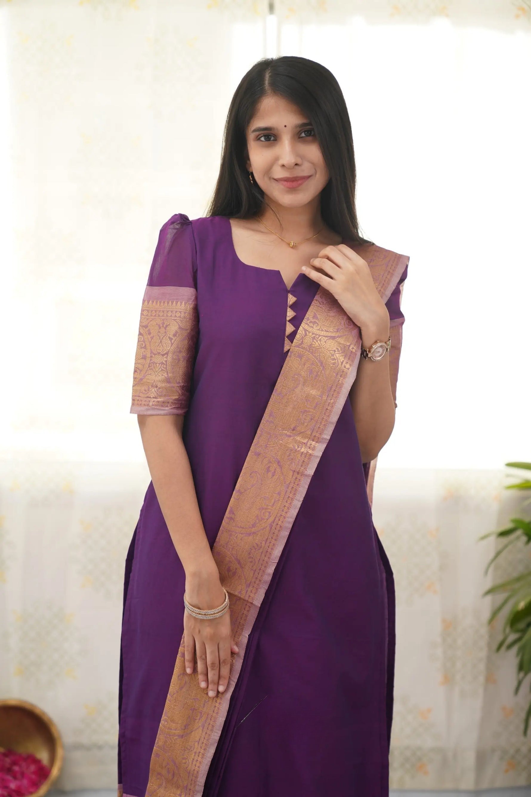 Graceful Violet South Cotton Kurti with Golden Border – A Stunning Ethnic Look for Any Event