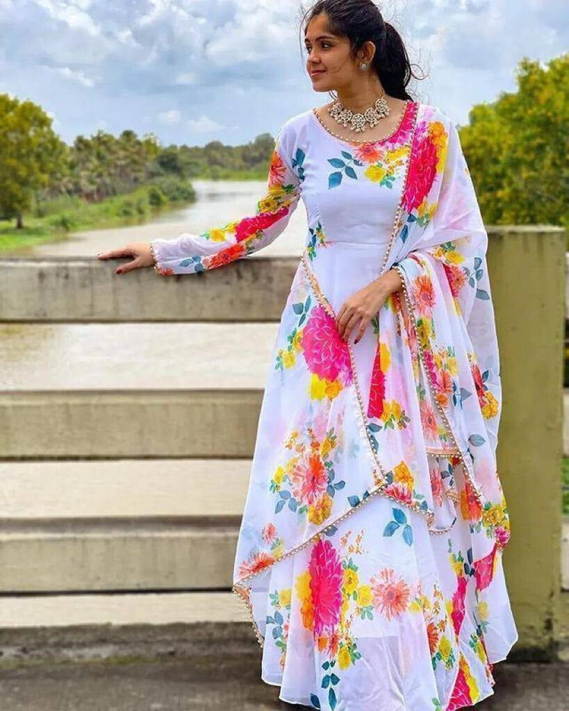 Set Gaun Georgette Bercetak Bergaya Bergaya Dengan Dupatta