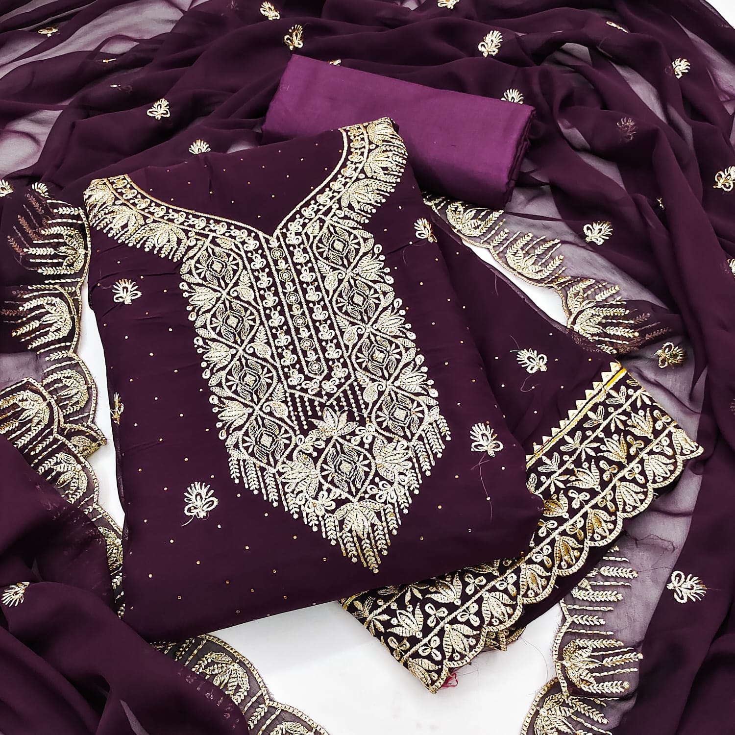 Designer Georgette Jari Work Suit with Swarovski Diamond Detailing