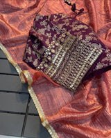 Beautiful Designer Saree on Heavy pure tissue crush silk Fabric With Fancy Lace