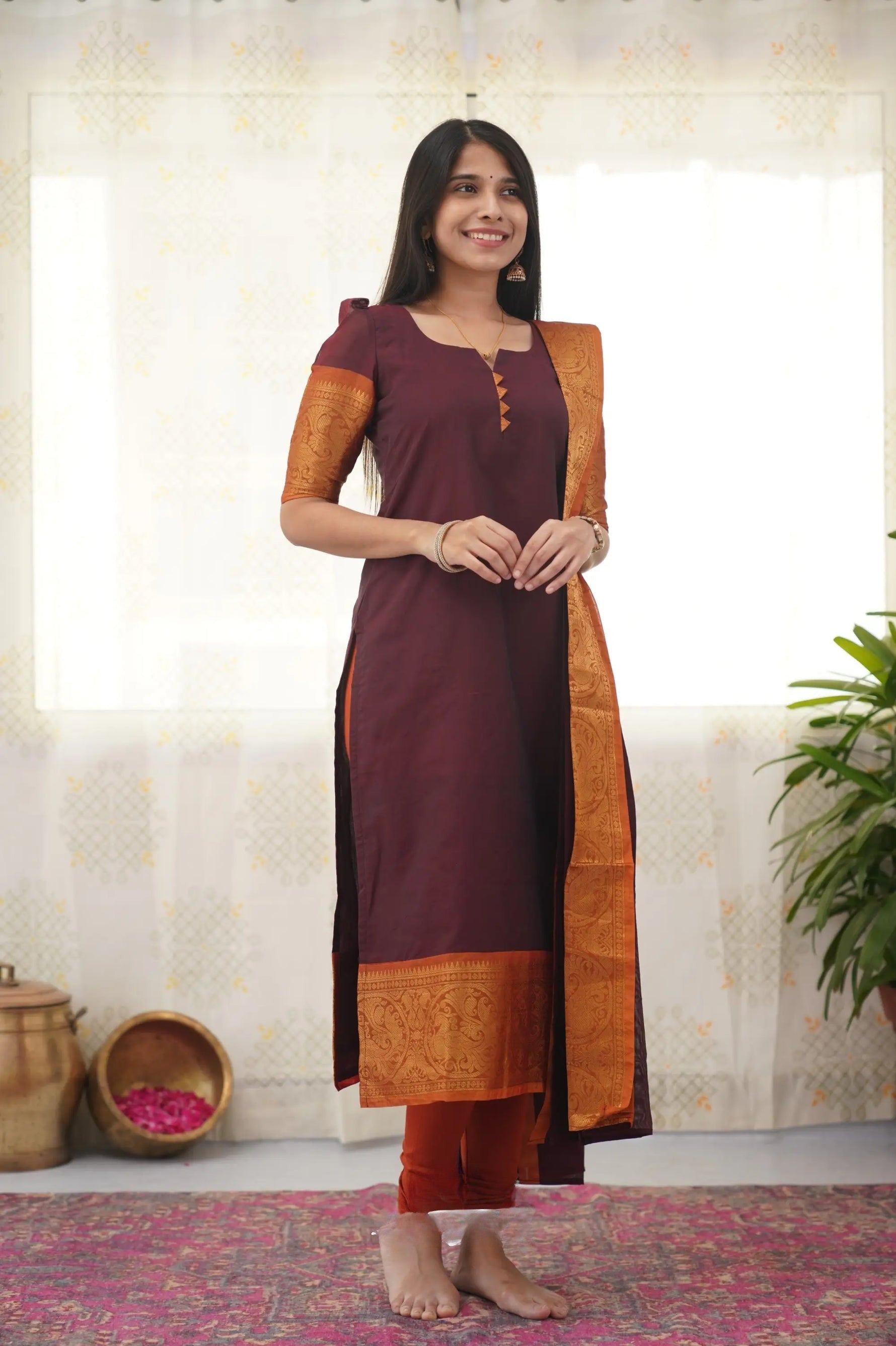 Maroon South Cotton Kurti with Bold Orange Border – Classic Charm Meets Contemporary Style