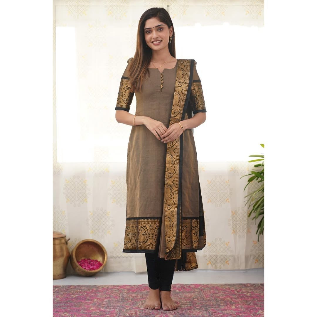 Stylish Grey South Cotton Kurti with Black Border – Comfort Meets Class.