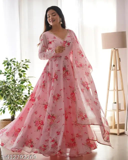 Set Gaun Georgette Bercetak Bergaya Bergaya Dengan Dupatta