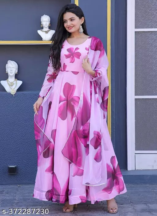 Set Gaun Georgette Bercetak Bergaya Bergaya Dengan Dupatta