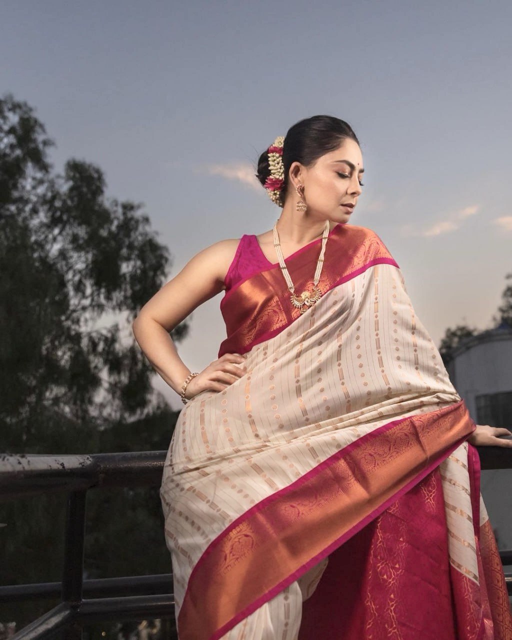 Beautiful silk printed saree with unstitched brocade blouse