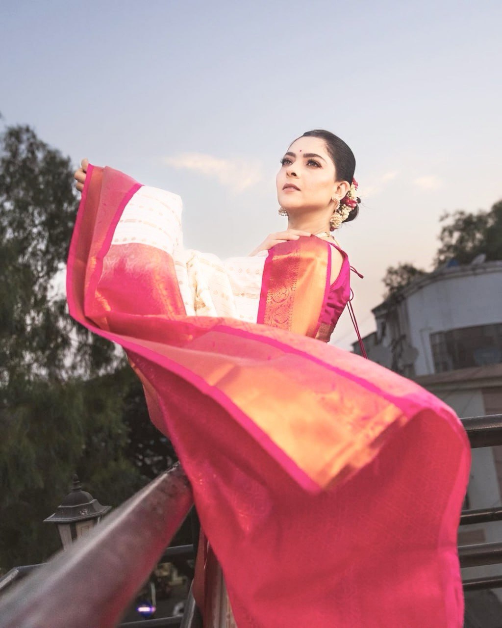 Beautiful silk printed saree with unstitched brocade blouse