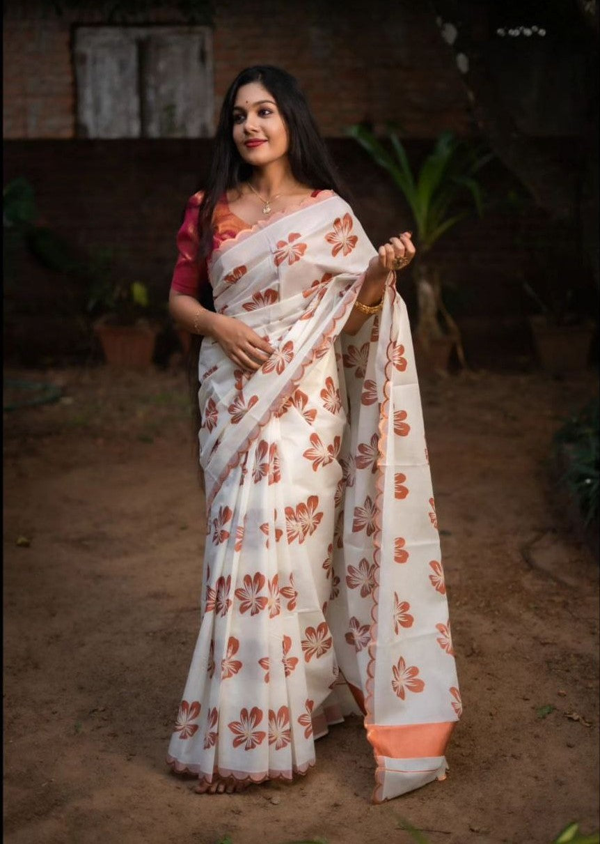 Beautiful silk printed saree with unstitched brocade blouse