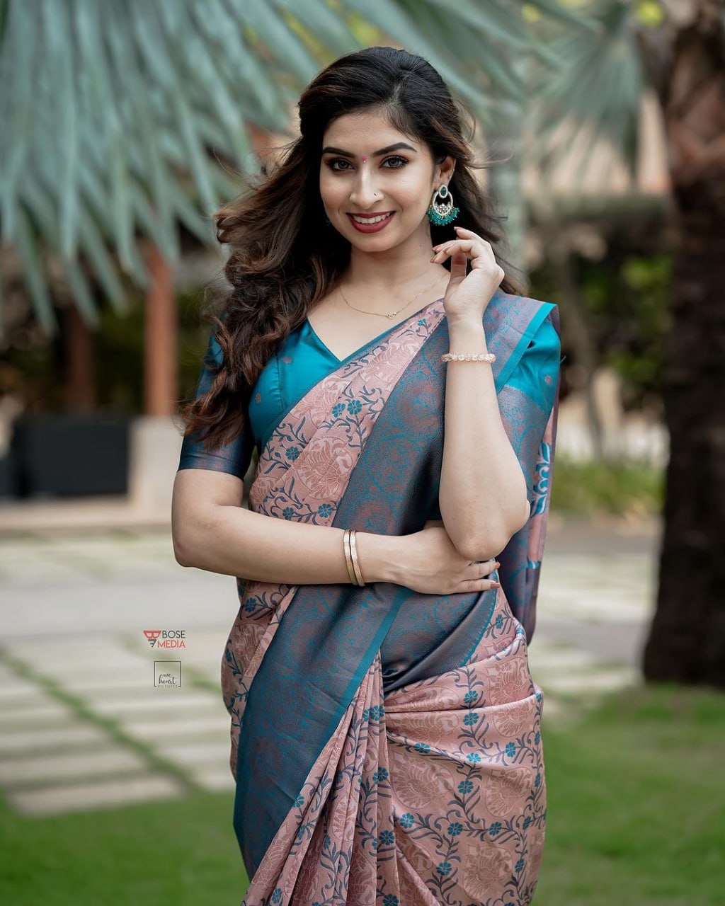 Beautiful silk printed saree with unstitched brocade blouse