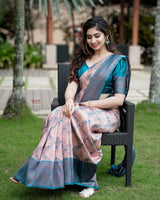 Beautiful silk printed saree with unstitched brocade blouse