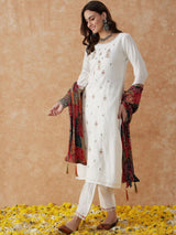 Chanderi Embroidered Kurti Set with Dupatta: Simply Stunning.