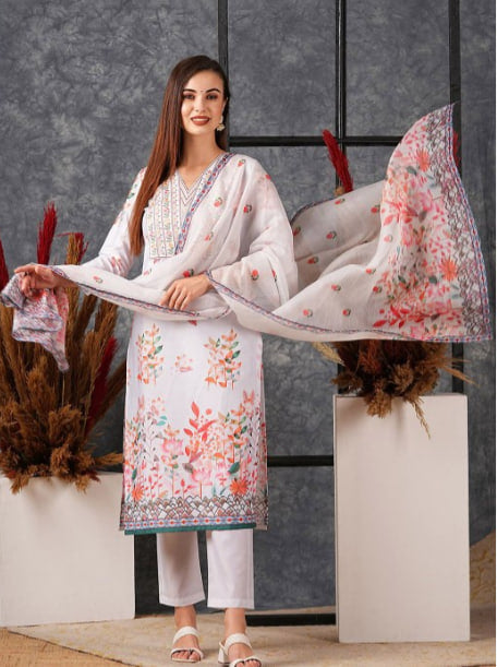 Graceful Flower Printed Rayon Kurti with Pant & Dupatta Set, Featuring Beautiful Embroidered Neckline