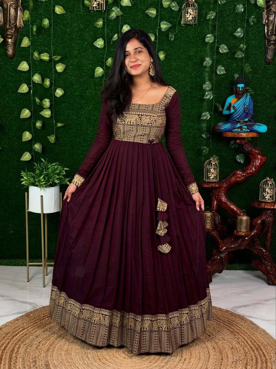 Vichitra Silk Full-Length Anarkali Gown Kurti with Sheer Golden-Border Dupatta